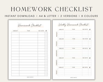 homework planner Minimalist Homework Checklist, Weekly Homework Planner, Colourful Homework Tracker, School Planner, Student Printable, Digital Download, PDF