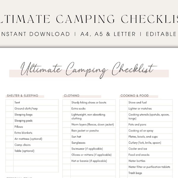 Liste de contrôle de camping ultime pour le planificateur de camping Planificateur d'emballage imprimable Préparation du camping Liste de contrôle de camping pour les débutants Guide de camping