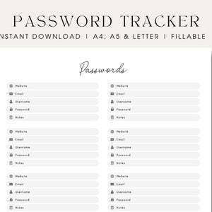 Password Tracker Printable Password Organizer Password Keeper Fillable Password Log Password List Fillable and Printable Digital Download