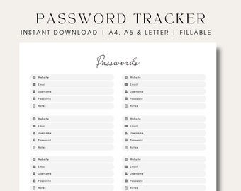 Password Tracker Printable Password Organizer Password Keeper Fillable Password Log Password List Fillable and Printable Digital Download