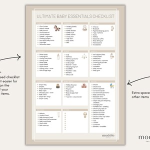 May include: A checklist for new parents with a beige background and illustrations of baby items. The checklist is divided into categories such as nursery, feeding, clothing, nursing, sleep, safety, diapering, walker, stroller, bath, and other. The checklist includes items such as a changing table, crib, baby monitor, bottles, swaddles, diapers, wipes, a stroller, a walker, a bathtub, and more.