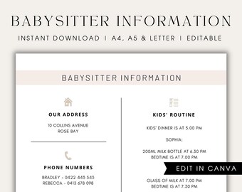Babysitter Information Sheet Printable Nanny Schedule Child Care Planner Caregiver Emergency Contacts Daily Routine Template Nanny Notes