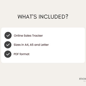 May include: A digital product graphic with the text "WHAT'S INCLUDED?" lists an online sales tracker, sizes in A4, A5, and Letter, and a PDF format. The product is from mod&egrave;le creative.