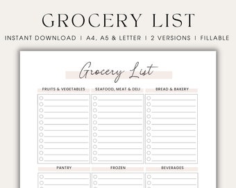 Plantilla de lista de comestibles Lista de compras de comestibles Planificador de comidas semanal imprimible y lista de comestibles Planificador de comestibles Descarga digital rellenable