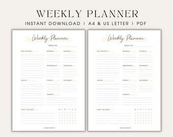 Minimalist Weekly Printable Planner, Neutral Weekly Schedule Planner, Weekly To Do List Planner, Digital Planner, Weekly Planner Undated