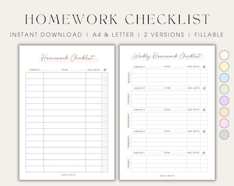 Minimalist Homework Checklist Fillable Homework Planner Printable Student Tracker Weekly Homeschool Planner Academic Digital Planner