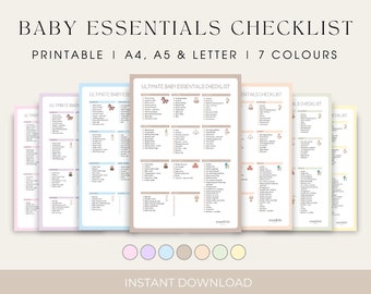 May include: Printable checklist for baby essentials in seven different colours: pink, lavender, light blue, beige, light green, grey, and yellow. The checklist includes items for baby's clothing, feeding, bathing, sleeping, and more. The checklist is available in A4, A5, and letter sizes. The text on the checklist reads "Ultimate Baby Essentials Checklist".