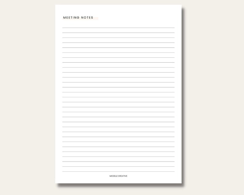 May include: A blank white sheet of paper with the text "MEETING NOTES" at the top and "MODELE CREATIVE" at the bottom.