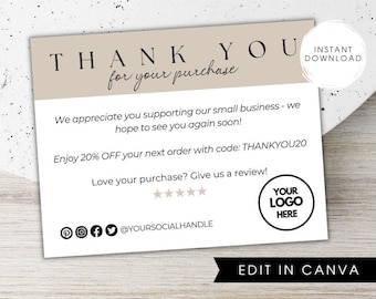 Small Business Thank You Card Template, Thank You Printable, Neutral Thank You Card, Canva Editable Template, Packaging Inserts