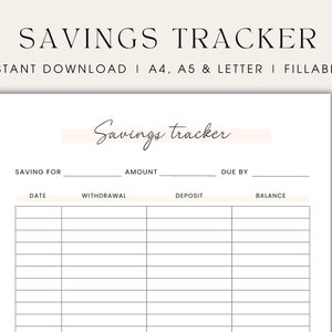 Könnte beinhalten: Ein druckbarer Sparplan mit Spalten für Sparziel, Betrag, Fälligkeit, Datum, Abhebung, Einzahlung und Guthaben. Der Titel lautet "Savings tracker".