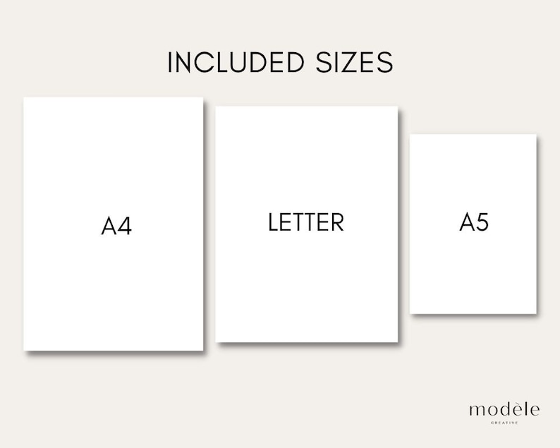 May include: Three white rectangles with black text showing the different sizes included in a printable design: A4, Letter, and A5.