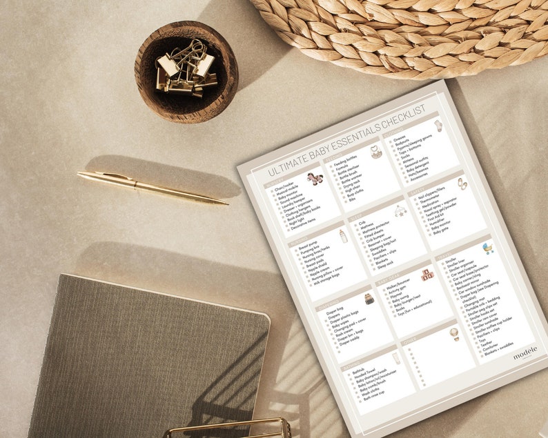 May include: A printable checklist for new parents with the title "Ultimate Baby Essentials Checklist". The checklist is divided into categories such as "Clothing", "Feeding", "Bath", "Diaper Bag", "Nursery", "Travel", "Other", and "Extras". Each category has a list of items to check off.