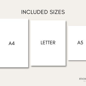 May include: Three white paper sheets labeled A4, Letter, and A5, arranged vertically. The text "INCLUDED SIZES" is above the papers. The Mod&egrave;le Creative logo is in the bottom right corner.