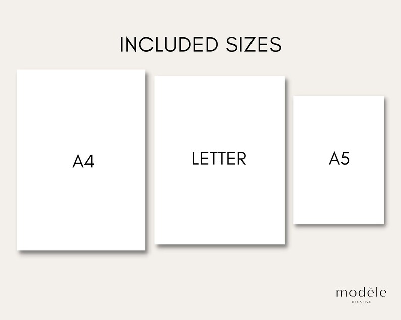 May include: Three white paper sheets labeled A4, Letter, and A5, arranged vertically. The text "INCLUDED SIZES" is above the papers. The Mod&egrave;le Creative logo is in the bottom right corner.