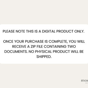 May include: Text on a white background in a black rectangle that reads: "PLEASE NOTE THIS IS A DIGITAL PRODUCT ONLY. ONCE YOUR PURCHASE IS COMPLETE, YOU WILL RECEIVE A ZIP FILE CONTAINING TWO DOCUMENTS. NO PHYSICAL PRODUCT WILL BE SHIPPED." Below the rectangle is the word "mod&egrave;le" in black text.