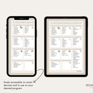 May include: A printable checklist for new parents, titled "Ultimate Baby Essentials Checklist". The checklist is divided into categories, such as "Clothing", "Feeding", "Diapering", "Bath", "Nursery", "Travel", "Safety", and "Other". Each category includes a list of items with checkboxes next to them.
