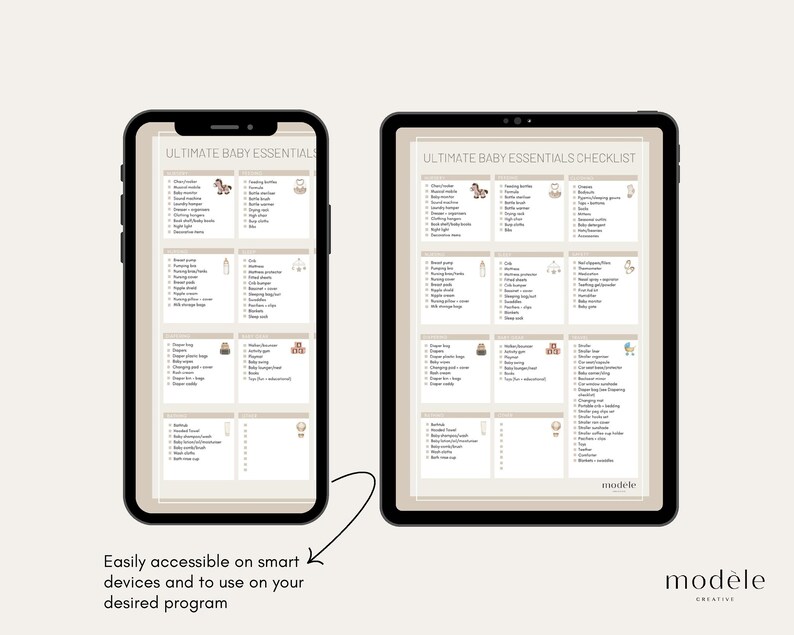 May include: A printable checklist for new parents, titled "Ultimate Baby Essentials Checklist". The checklist is divided into categories, such as "Clothing", "Feeding", "Diapering", "Bath", "Nursery", "Travel", "Safety", and "Other". Each category includes a list of items with checkboxes next to them.