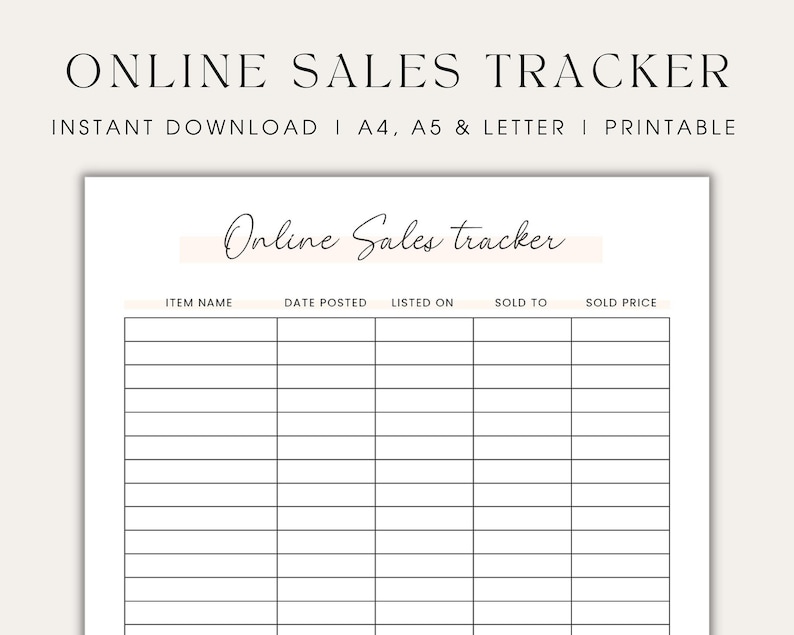 Online Sales Tracker Sales Log Printable Sales Tracking Sheet Online Reseller Tracker for ...