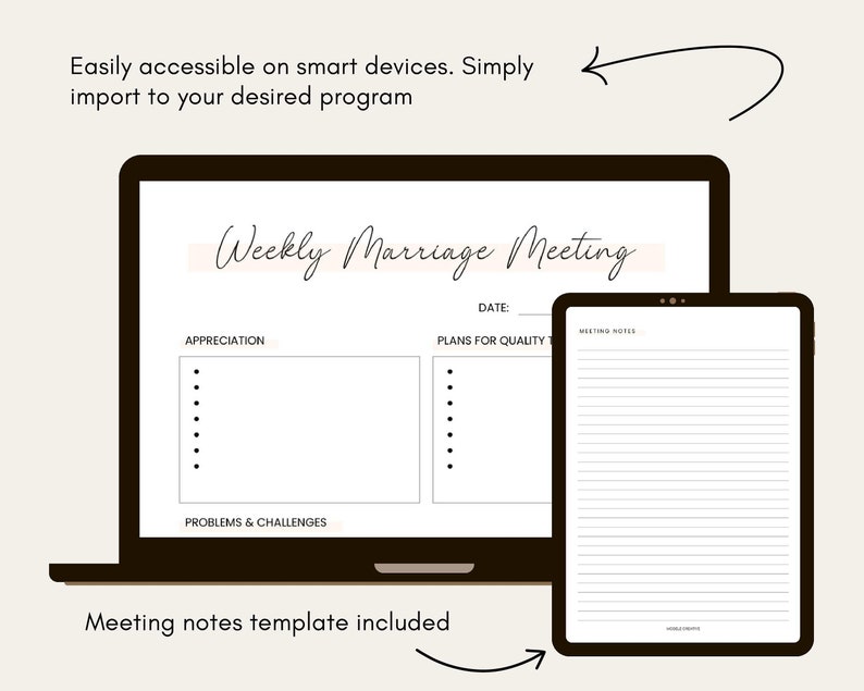 May include: A digital printable template for a weekly marriage meeting. The template includes sections for appreciation, plans for quality time, and problems and challenges. A separate page is included for meeting notes.