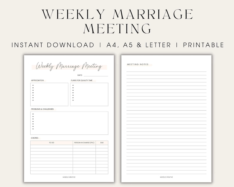 May include: Printable weekly marriage meeting planner with sections for appreciation, plans for quality time, problems and challenges, chores, and meeting notes.