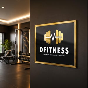May include: A rectangular wall sign with a gold frame featuring a black background, a gold dumbbell icon with a white heartbeat line, and the white text DFITNESS followed by the words DEDICATION, DETERMINATION & DISCIPLINE in smaller font.