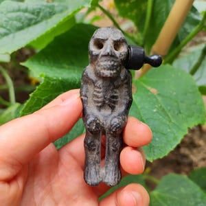 May include: A dark grey, carved figurine of a skeletal figure with a skull-like face. The figure has a black object attached to its head. The figurine is held in a person's hand against a backdrop of green leaves.