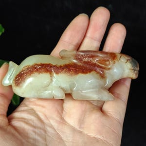 Old Natural Jade Hand-Carved Cattle Statue,Ancient Hong Shan Culture Figure, Vintage Amulet Pendant Charm, Animal Beast Statue Stone Carving
