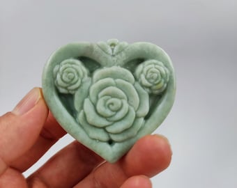Handmade Carving Light Green Crystal Jade Flower Pendants, Grade A Jadeite, Rose Amulet Pendant for Men,  Necklace,  Charm Amulet Talisman