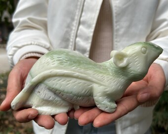 Grande statua del topo della fortuna intagliata in giada bianca e verde, scultura animale Fengshui, topo zodiacale in giadeite scolpito con pietra preziosa fortunata, guarigione Reiki Zen