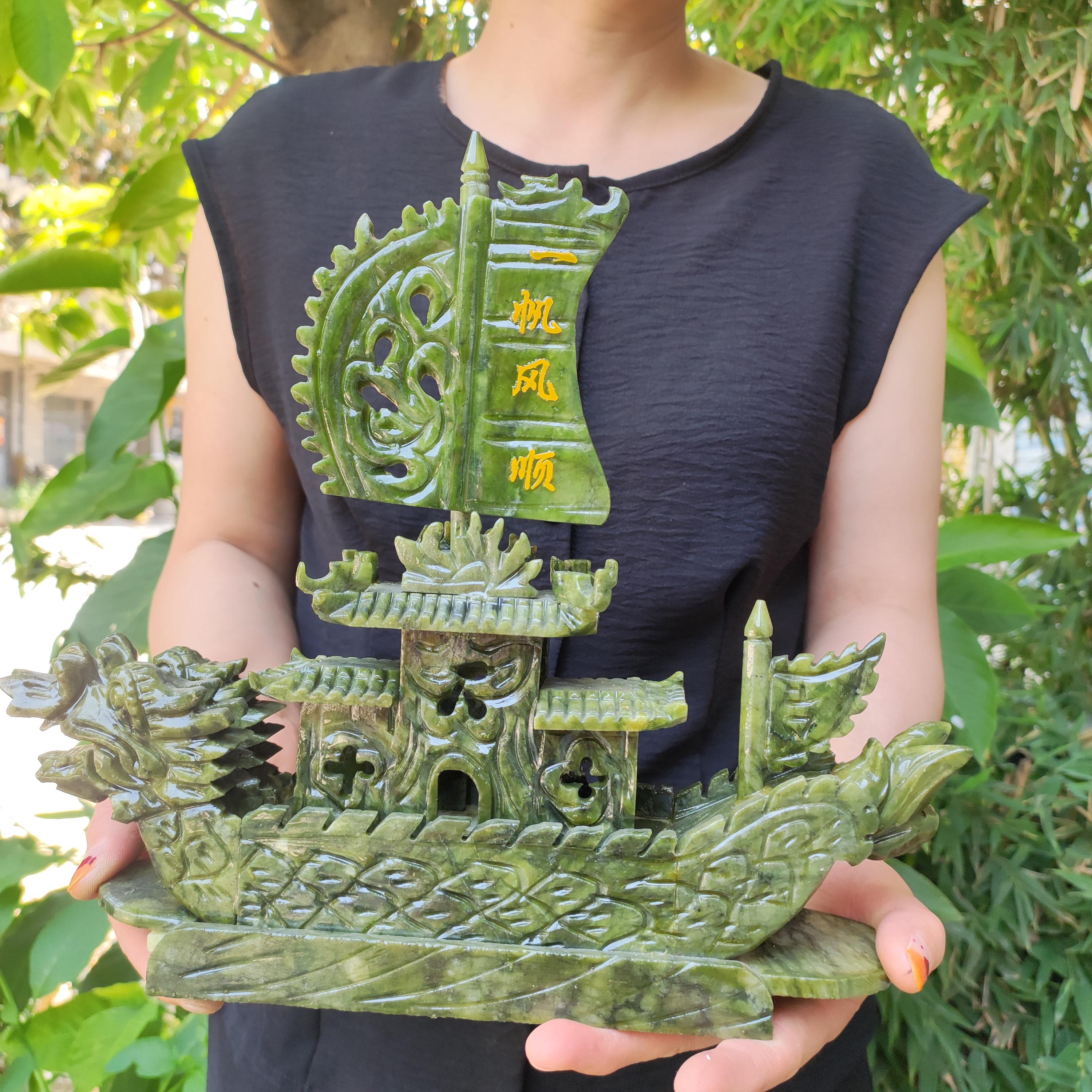 Collect Green Jade Hand-carved Boat Statue Sculpture, Jade Carving
