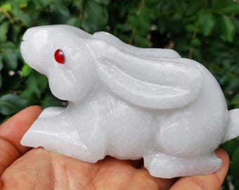 Statua di coniglio intagliata in cristallo di giada bianca, scultura di animale Feng Shui, coniglio zodiacale in giada, pietra preziosa portafortuna, guarigione Reiki Zen