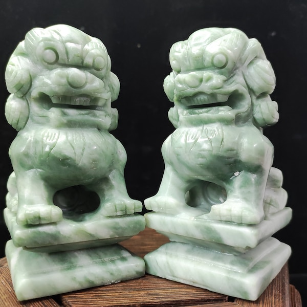 Pair of Fu Foo Dogs Beijing Lions Natural Blue Stone Healing Guardian Lion Statues, Feng Shui Decor Buddhist Gaurdian Temple Fu Shishi Cm135