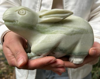 Grande statua di coniglio in giada bianca e verde intagliata, scultura di animale Feng Shui, giada zodiacale scolpita, pietra preziosa portafortuna, Reiki, guarigione, Zen cm290