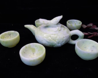 Jade Jadeite Tea Set Tea Pot 4 cups in case, Natural jade healing health crystal Quartz pot decoration healing chinese tea ceremony tea set