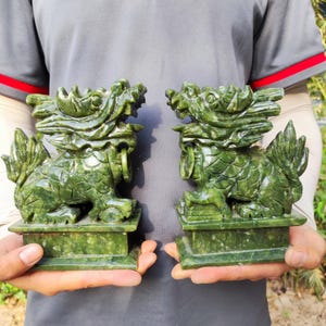 Pair Natural Jade Feng Shui Pi Yao/Pi Xiu statue for Wealth Good Luck Figurine , Stone brave troops  Beast Wealth , Collectible Qilin qi lin