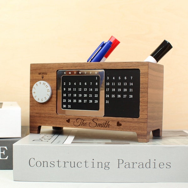 Wooden Pen Holder With Calendar, Desk Organizer With Perpetual Calendar, Customized Wood Desktop Storage , Office Stationery Pen Holder