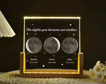 Lámpara de cristal de fase lunar personalizada para mamá, luz nocturna de fase lunar por fecha, regalos para mamá de hija, regalo de cumpleaños de mamá papá, regalo familiar