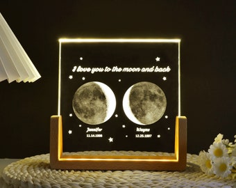 Lámpara de cristal de fase lunar personalizada, luz nocturna de fase lunar personalizada por fecha, regalo de aniversario, regalo personalizado del Día de la Madre, regalos de pareja