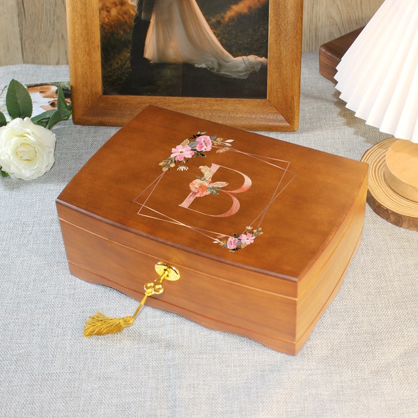 Custom Wooden Jewelry Box For Women, Alphabet Flower Wood Jewelry Organizer With Lock & Key, Jewelry Organizer For Her, Birthday Gift