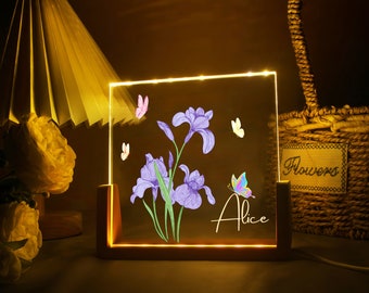 Personalisierte Geburtsblumenlampe mit Namen, personalisiertes Baby-Nachtlicht, Baby-Geburtsgeschenk, Muttertagsgeschenk, Geschenk für junge Mama, Kinder-Nachttischlampe