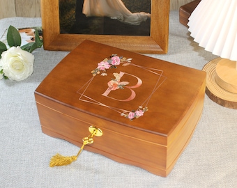 Custom Wooden Jewelry Box For Women, Alphabet Flower Wood Jewelry Organizer With Lock & Key, Jewelry Organizer For Her, Birthday Gift
