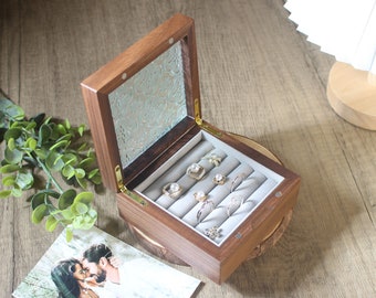 Wooden Glass Covered Jewelry Box, Wood Ring Organizer for Women, Small Jewelry Storage Box, Wooden Earring Ring Storage Box, Gift for Her