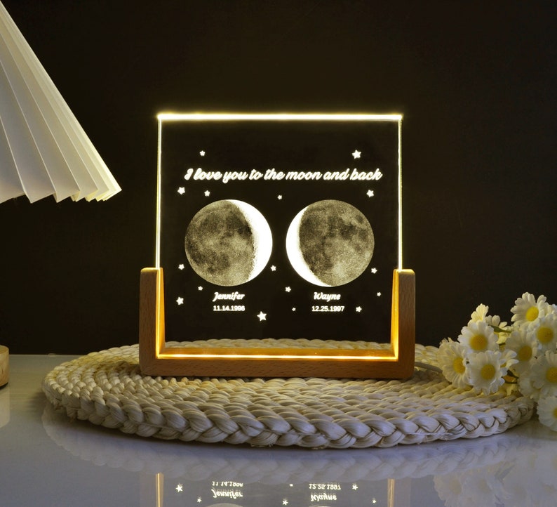 Personalized Moon Phase Crystal lamp, Custom Moon Phase By Date Night Light, Anniversary Gift,Customized Couple Gifts
