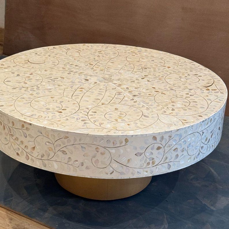 Bone Inlay Coffee Table | Elegant Round Center Table for Living Room ...