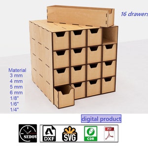 Organizer wycinany laserowo z 16 szufladami, pudełko z małymi przegródkami, skrzynia do przechowywania, DIY, pudełka hobbystyczne, pliki cyfrowe svg cdr pdf dxf