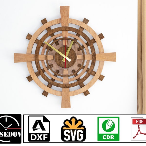 Laser cut modern wall clock layered wood wall clock large wall clock cutting model vector template svg cdr pdf dxf