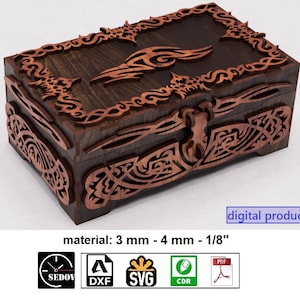 Cofre cortado a láser, caja de recuerdos ornamentada con tapa, regalo de madera, joyero, archivos de bricolaje SVG, CDR, PDF, DXF