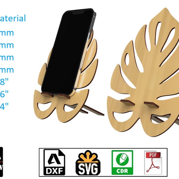 Laser Cut Phone Stand Monstera leaf Wooden Figurine - Cellphone Holder DIY - digital files svg cdr pdf dxf