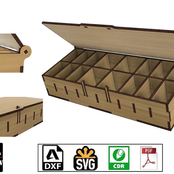 Laser cut snap-top box flip-top organizer - casket, many small compartments - storage box with lid digital files svg cdr pdf dxf