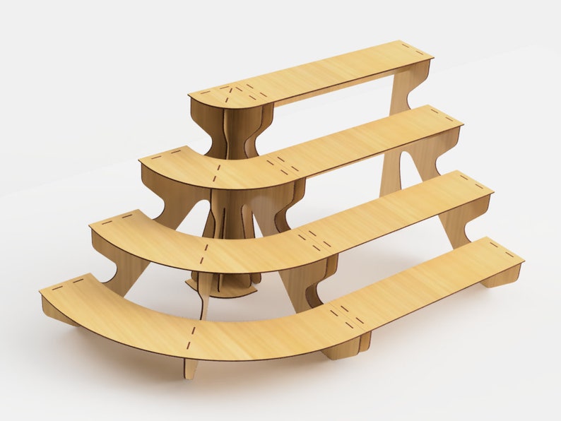 May include: A tiered display stand made of light-colored wood. The stand has four curved shelves of varying sizes, supported by a central structure and angled legs. The design is modern and minimalist, suitable for showcasing products.